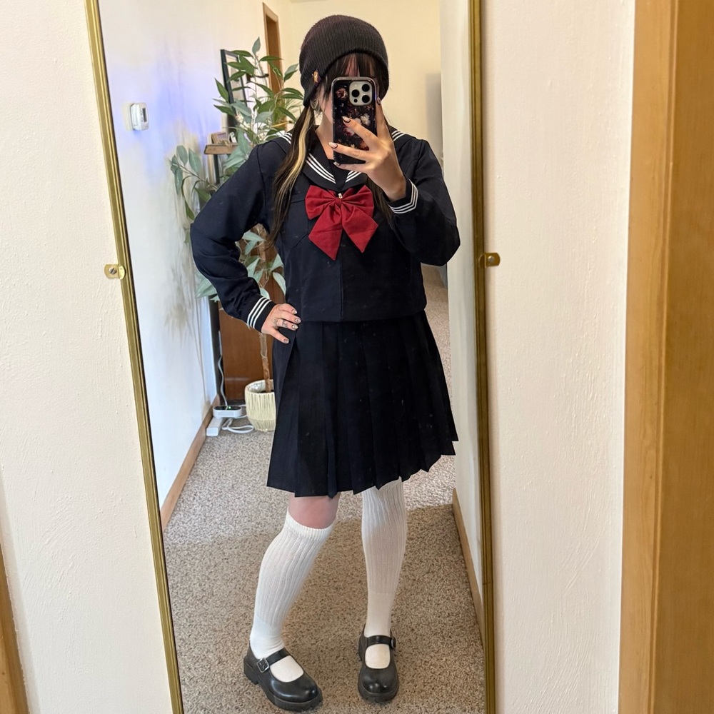 SOLD- Navy Blue Japanese Sailor school uniform with red bow Size- Medium